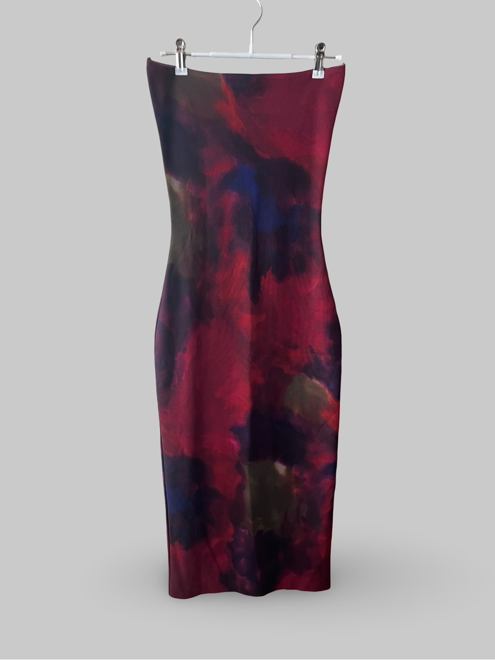 Zara Strapless Bodycon Dress in Multi Red Watercolor Print